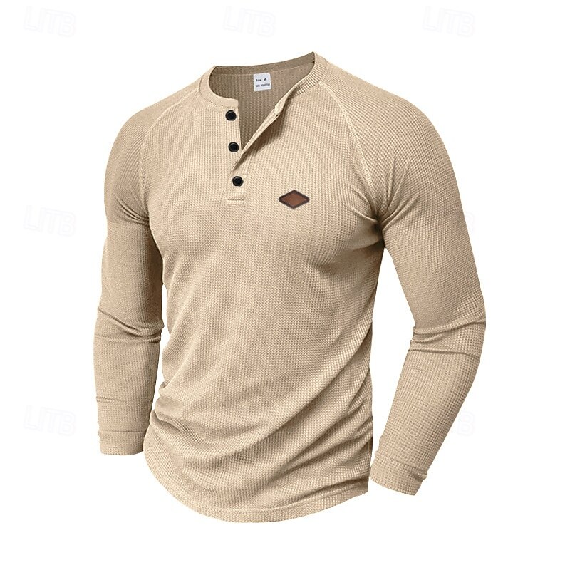 Men's Waffle Shirt Button T Shirt T Shirt Henley Shirt Long Sleeve Henley Spring &  Fall Solid / Plain Color Fashion Designer Raglan Sleeves Vacation Street Going out Apricot Black White Top Tee for2