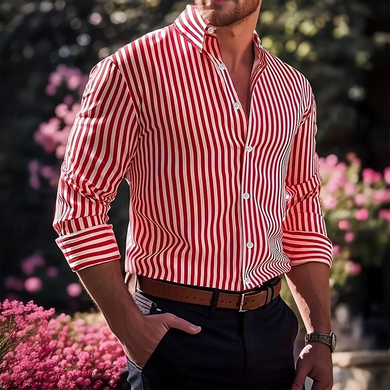 Men's Geometric Striped Shirt Button Up Shirt Long Sleeve Fashion Casual Formal Vacation Dailywear Summer Spring Turndown 3D Print Collared Shirts Red Blue Green Dark Blue4