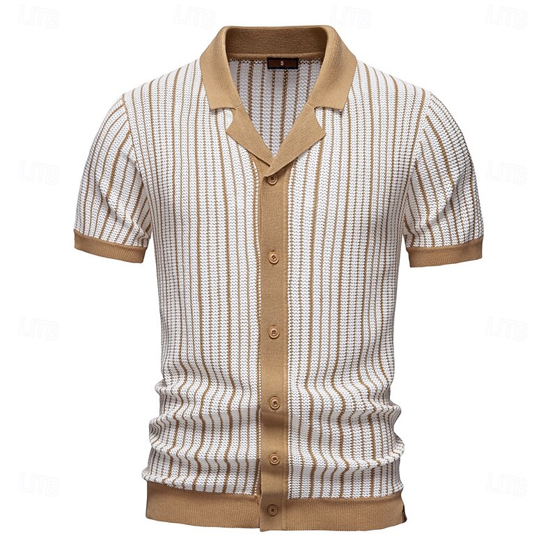 Men's Polo Knit Polo Sweater Formal Work Turndown Short Sleeve Striped Vertical Stripes Stripe-Trim Stripe Spring Green Khaki Polo