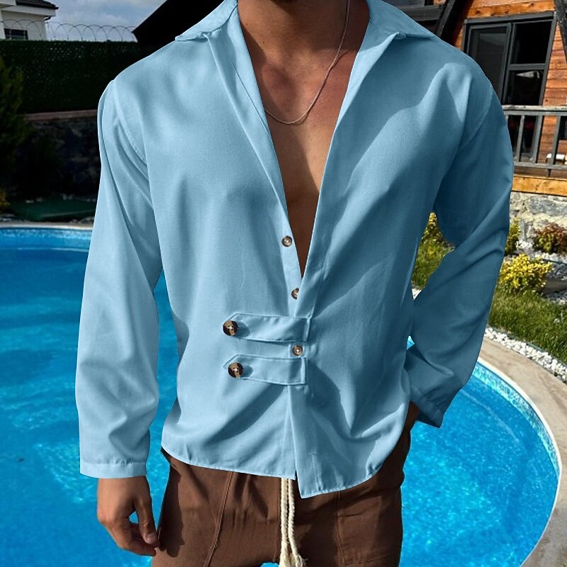 Men's Shirt Summer Shirt Casual Shirt Beach Shirt Button Up Shirt Black White Army Green Gray Light Blue Long Sleeve Plain Lapel Vacation Hawaiian Button-Down Clothing Apparel Polyester Fashion4