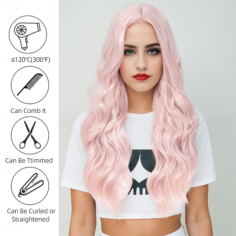 Synthetic Wig Wavy Curly Weave Layered Haircut With Bangs Machine Made Wig Pink 28 inch A1 Synthetic Hair Women's Classic Comfortable Color Gradient Pink3