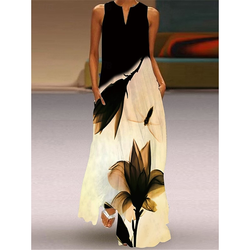 Women's Maxi Dress Tank Dress Stylish Vacation Regular Fit Floral Color Block Sleeveless Split Neck Beige Summer
