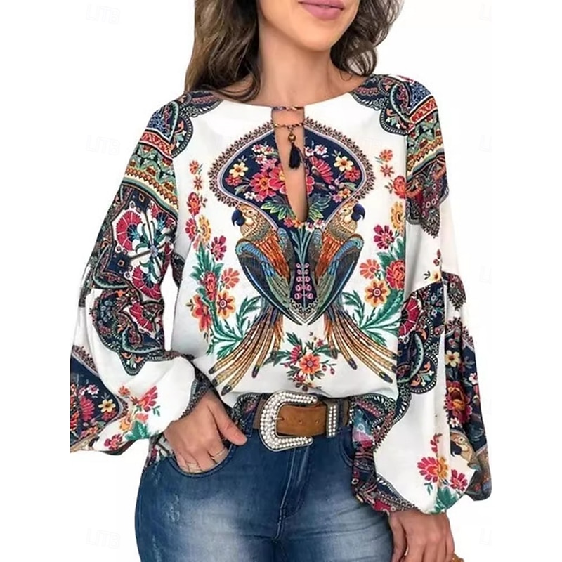 Women's Shirt Blouse Floral Bohemia Retro Vintage Casual Long Sleeve Crew Neck Regular Tops Daily Print White Pink Summer Spring2