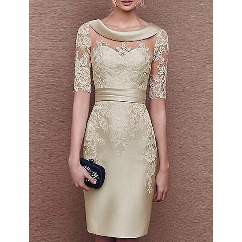 Sheath Mother of the Bride Dress Wedding Guest Elegant Vintage Jewel Neck Knee Length Satin Lace Short Sleeve with Appliques Race Day Dress4