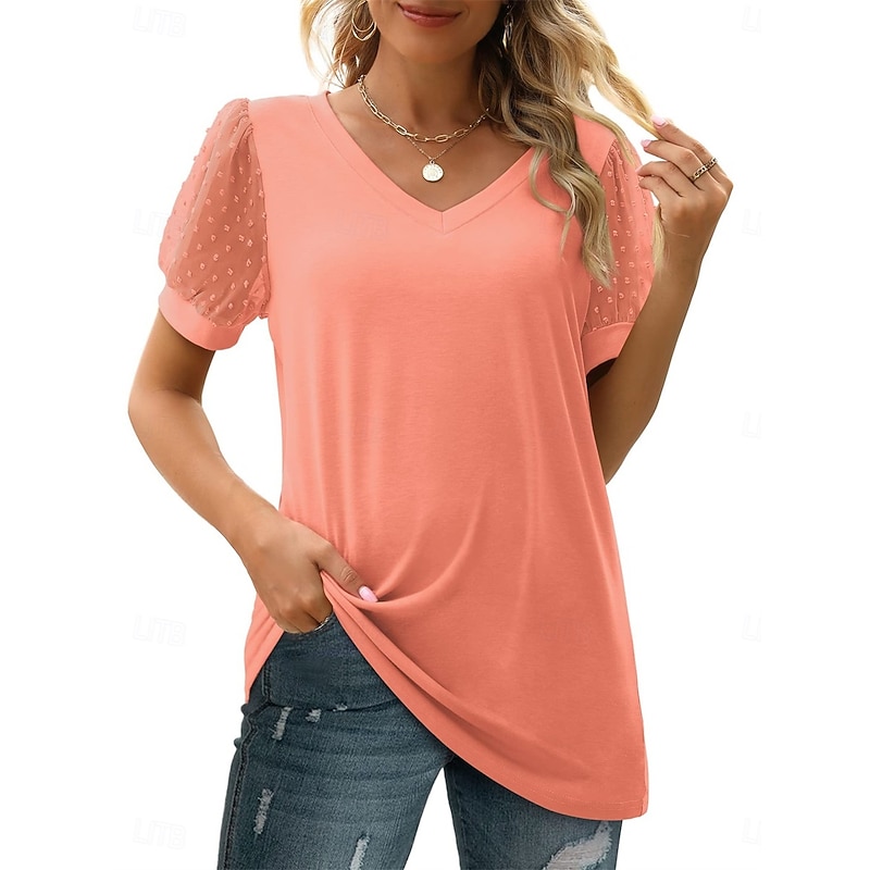 Women's T Shirt Plain Fashion Modern Casual Short Sleeve Puff Sleeve V Neck Regular Tops Daily Weekend Mesh Patchwork Black White Blue Orange Green Summer Spring3