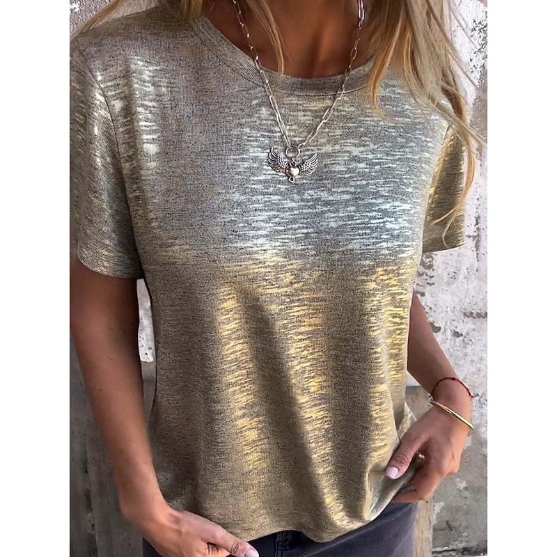 Women's T Shirt Plain Fashion Modern Casual Short Sleeve Crew Neck Regular Tops Daily Weekend Sequins Silver Black Gold Rainbow Summer Spring - Main Image
