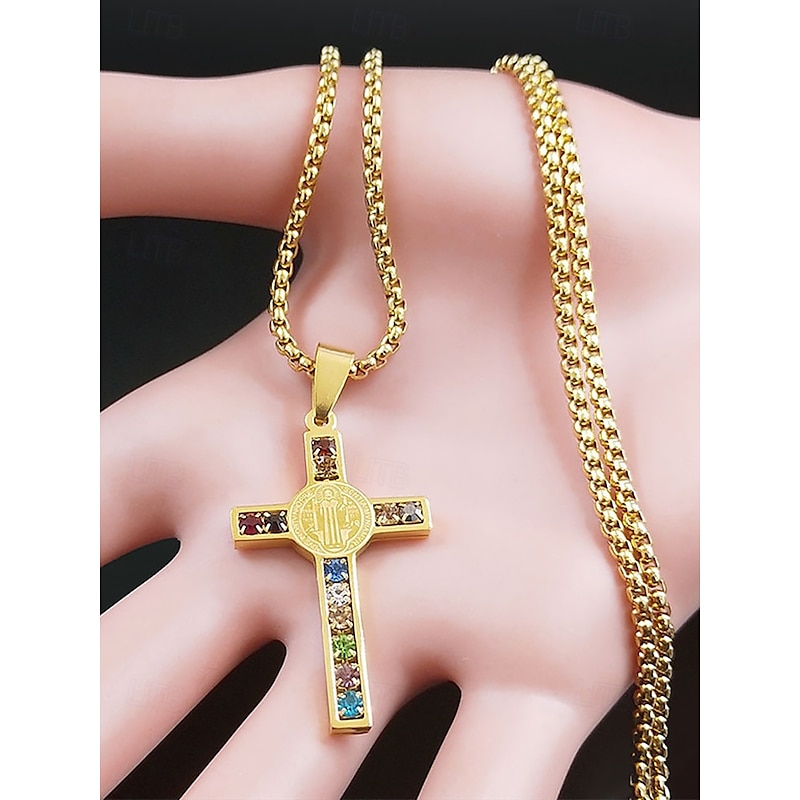 Men's Stainless Steel Gold-Plated Cross Necklace with Multi-Colored Gemstones – Religious Pendant, Stylish Chain for Everyday Wear, Gifts for Faith-Based Occasions4