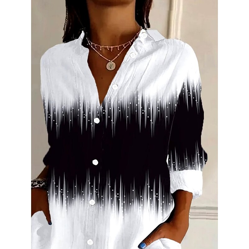 Women's Shirt Button Down Tunic Shirt Collar Long Sleeve Ombre Graphic Daily Stylish Retro Vintage 3/4 Length Sleeve Regular Tops Daily Holiday Going out s Black Spring2