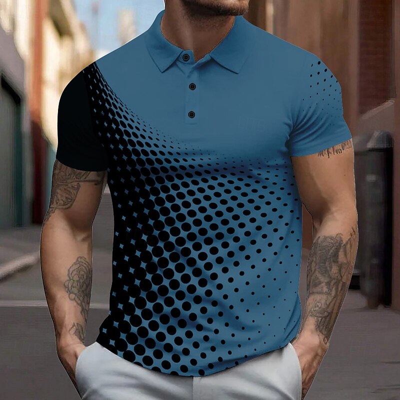 Men's Geometic Polo Short Sleeve Polo Shirts Collared Shirts Business Casual School Outdoor Athleisure Daily Wear 3D Print Summer White Sky Blue Dark Blue4