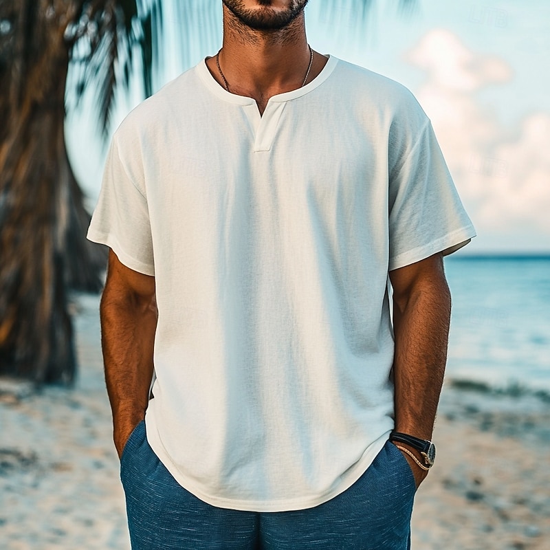 Men's Tee Cotton T Shirt Bamboo T-shirt Short Sleeve V Neck Summer Spring Solid Color Vintage Fashion Oversize Vacation Casual Daily White Top Tee for Men - Main Image