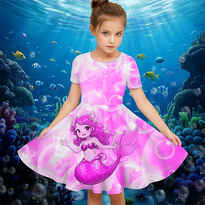 Girls' 3D Graphic Mermaid Dress Short Sleeve Summer Spring Vacation Daily Holiday Princess Beautiful Sweet Kids 4-12 Years Casual Dress A Line Dress Knee-length Regular Fit2