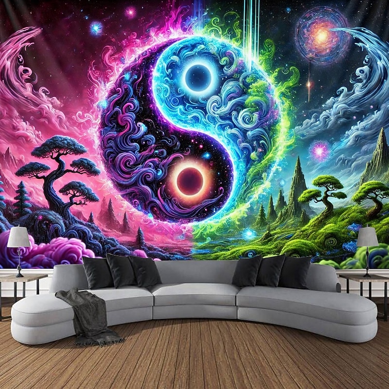 Blacklight Tapestry Glow in the Dark Glow Party UV Reactive Taichi Zen Trippy Misty Nature Landscape Hanging Tapestry Wall Art Mural for Living Room Bedroom3