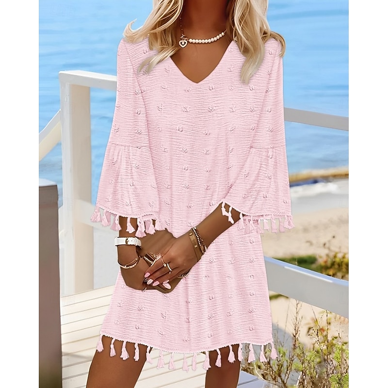 Women's Mini Dress Fringe Dress Elegant Dress Elegant Bell Sleeve Regular Fit Solid Color 3/4 Length Sleeve V Neck White Pink Orange Green Fall4