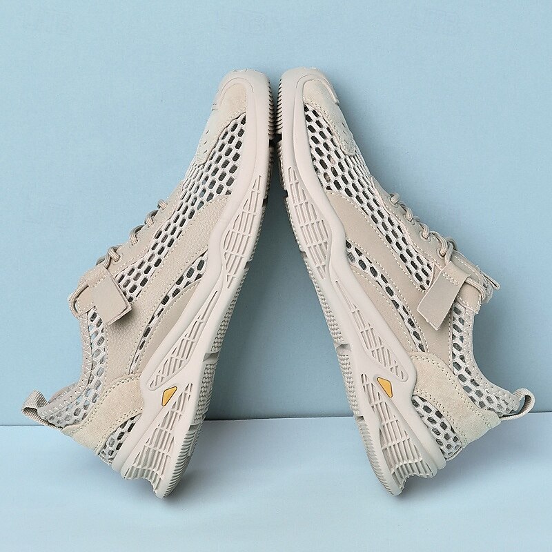 Men's Beige Mesh Sneakers with Lace-up & Velcro Strap, Breathable Casual Sports Shoes for Summer3