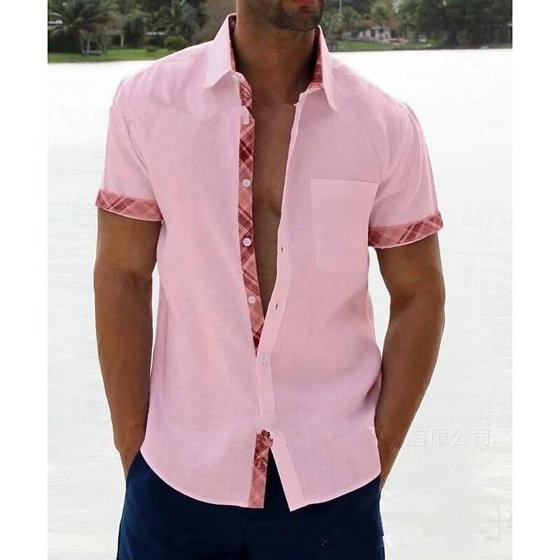 Men's Shirt Summer Shirt Casual Shirt Beach Shirt Button Up Shirt Black White Pink Blue Orange Short Sleeve Plain Pattern Lapel Vacation Hawaiian Button-Down Clothing Apparel Polyester Fashion Casual2