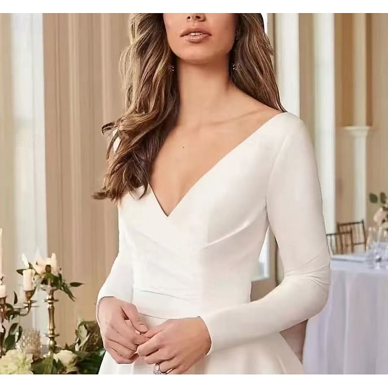 Hall Formal Boho Wedding Dresses Ball Gown V Neck Long Sleeve Chapel Train Jersey Bridal Suits Bridal Gowns With Ruched4
