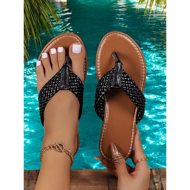 Women's Black Woven Thong Sandals Comfortable Flat Flip Flops for Summer, Beach & Vacation Wear3