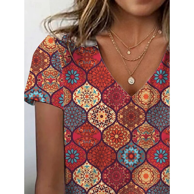 Women's T Shirt Geometric Vintage Stylish Casual Short Sleeve V Neck Regular Tops Daily Buttons Print Red Summer Spring2