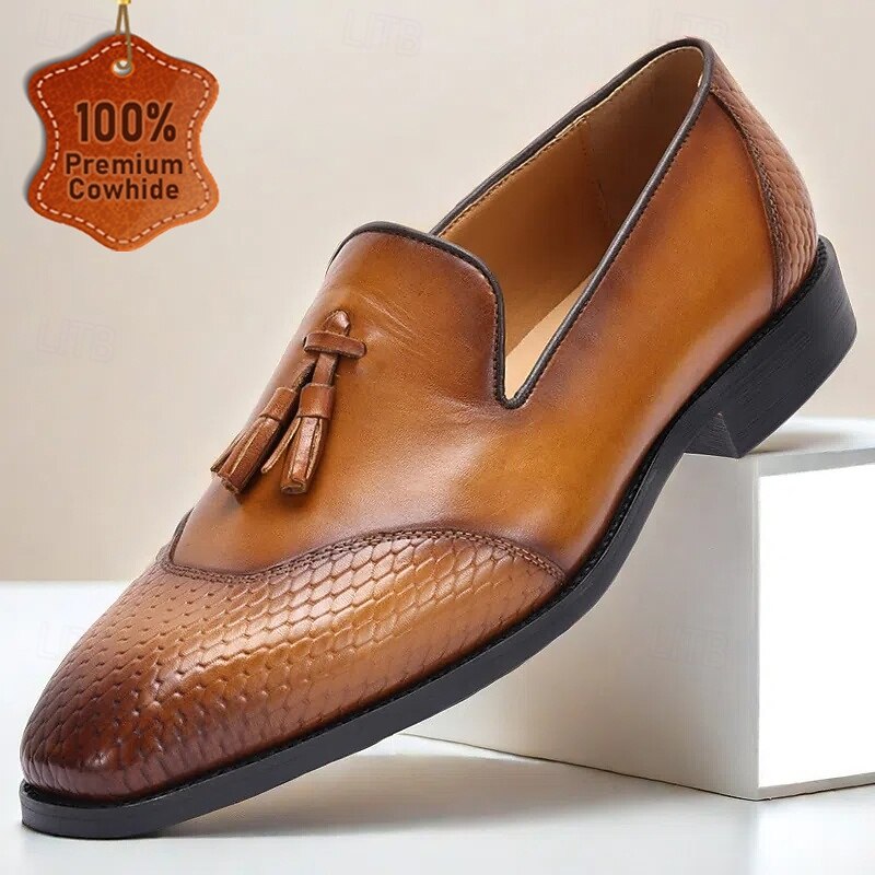 Men's Tan Leather Loafers with Snake-Print Detailing and Tassel Accent – Premium Cowhide Slip-On Dress Shoes for Business, Formal Occasions, and Everyday Wear