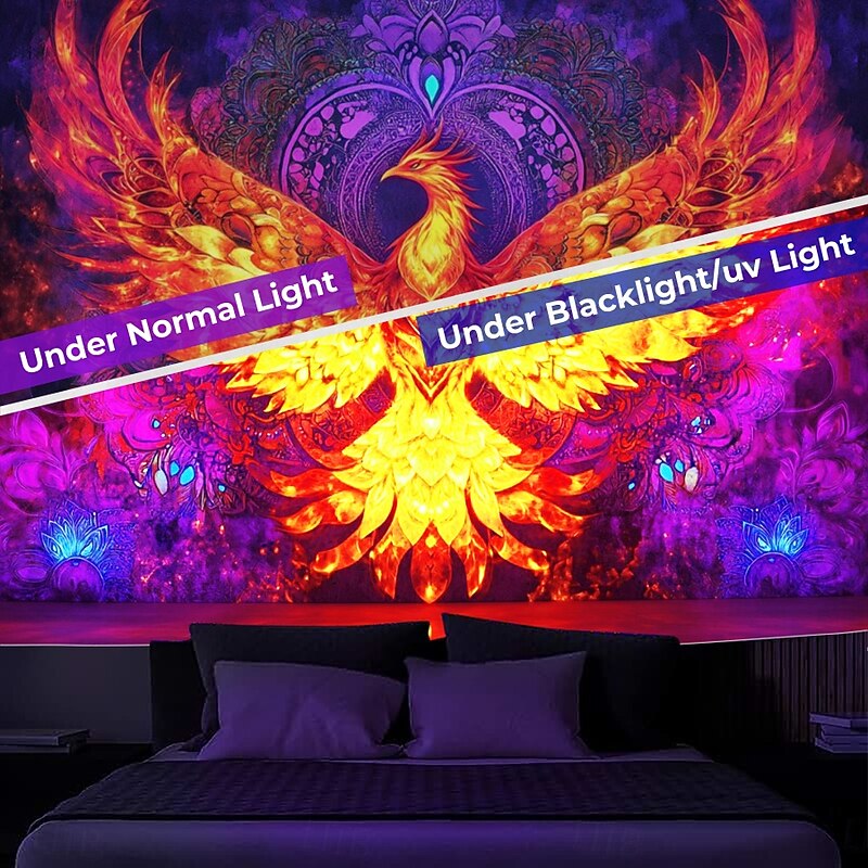 Blacklight Tapestry Glow in the Dark Glow Party UV Reactive Bohemian Totem Phenix Trippy Misty Nature Landscape Hanging Tapestry Wall Art Mural for Living Room Bedroom3