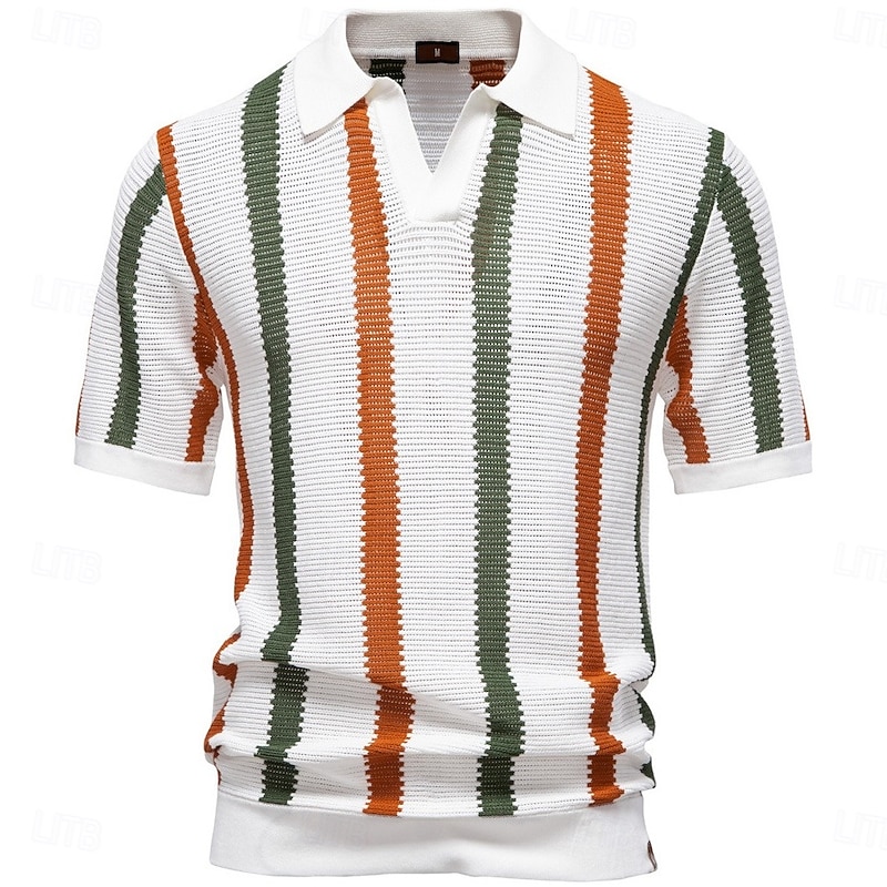Retro Vintage 1970s Shirt Knit Polo Hippie Mesh Striped Fancy Dress Men's Vacation Dailywear Beach Adults' Top Spring & Summer