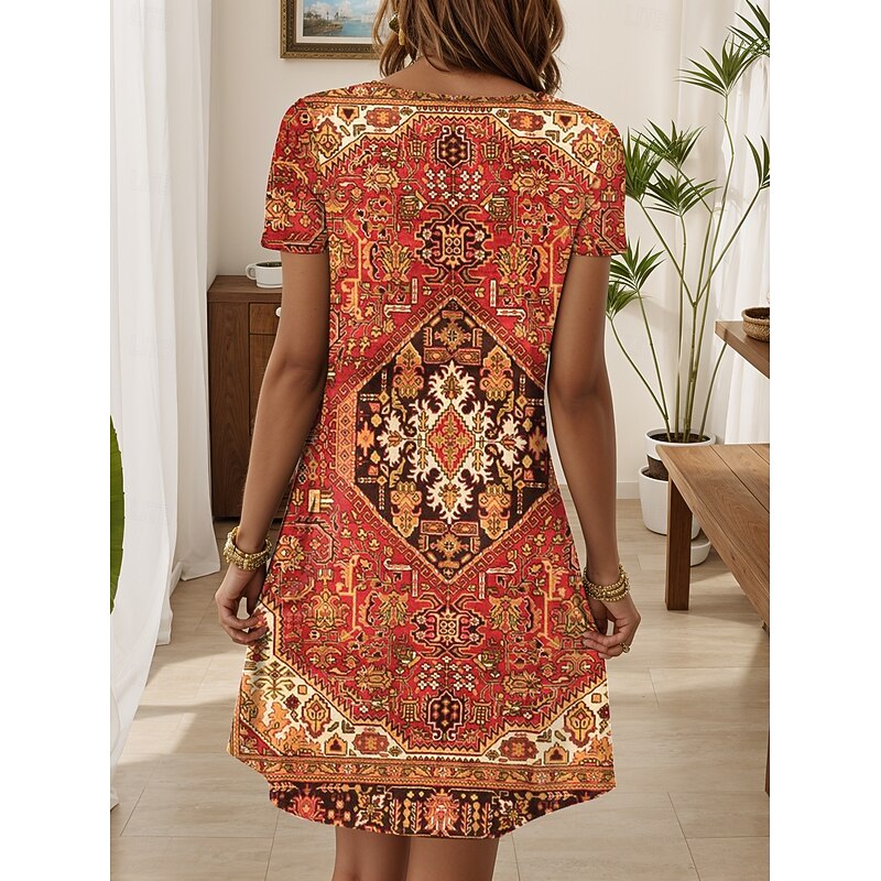 Women's Mini Dress Casual Dress Casual Daily Regular Fit Graphic Paisley Short Sleeve Crew Neck Orange Summer3