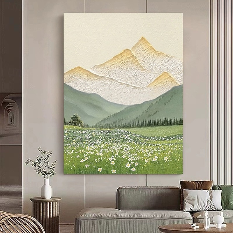 Hand painted Mountainside Scenery Oil Painting on Canvas Handmade Textured gold mountain Trees in Autumn Yellow Grassland Acrylic Painting River Landscape painting Wall Art oil painting