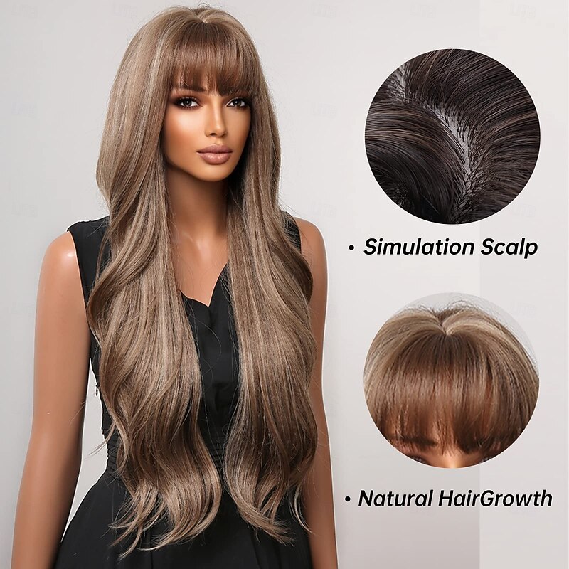 Long Curly Wigs with Bangs for Women Heat Resistant Synthetic Wavy Wigs for Daily/Party/Cosplay4