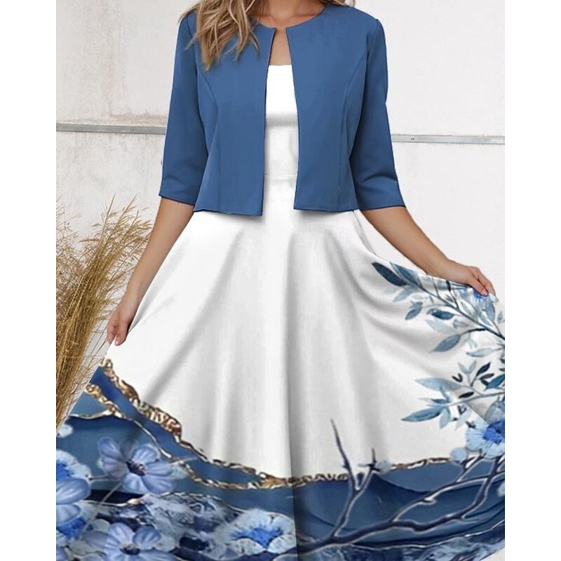 Women's Two Piece Dress Sets Midi Dress with Jacket Elegant A Line Dress Half Sleeve Casual Dress Chiffon Dress Swing Dress Wedding Daily Regular Fit Floral V Neck Blue Fall2