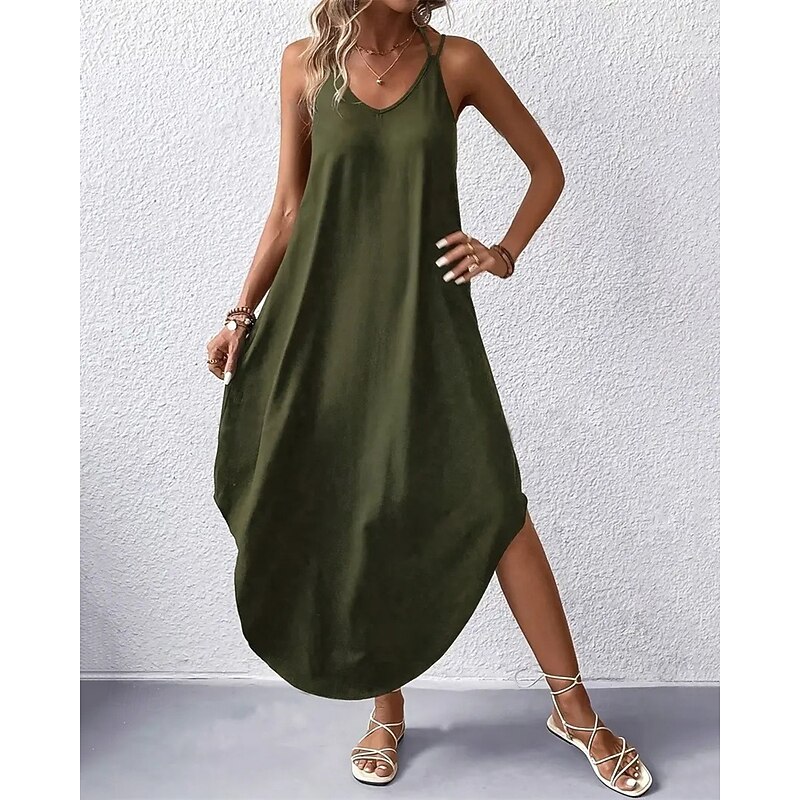 Women's Midi Dress Black Dress Cocktail Dress Formal Dress Stylish Basic Sexy Vacation Daily Regular Fit Plain Sleeveless V Neck Black Wine Army Green Summer4