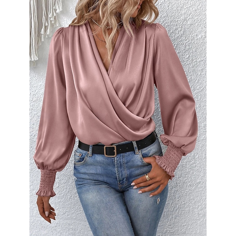 Women's Shirt Elegant Dressy Satin Solid Color Stylish Casual Long Sleeve Asymmetrical Regular Tops Daily Ruched Black White Pink Khaki Summer Spring3