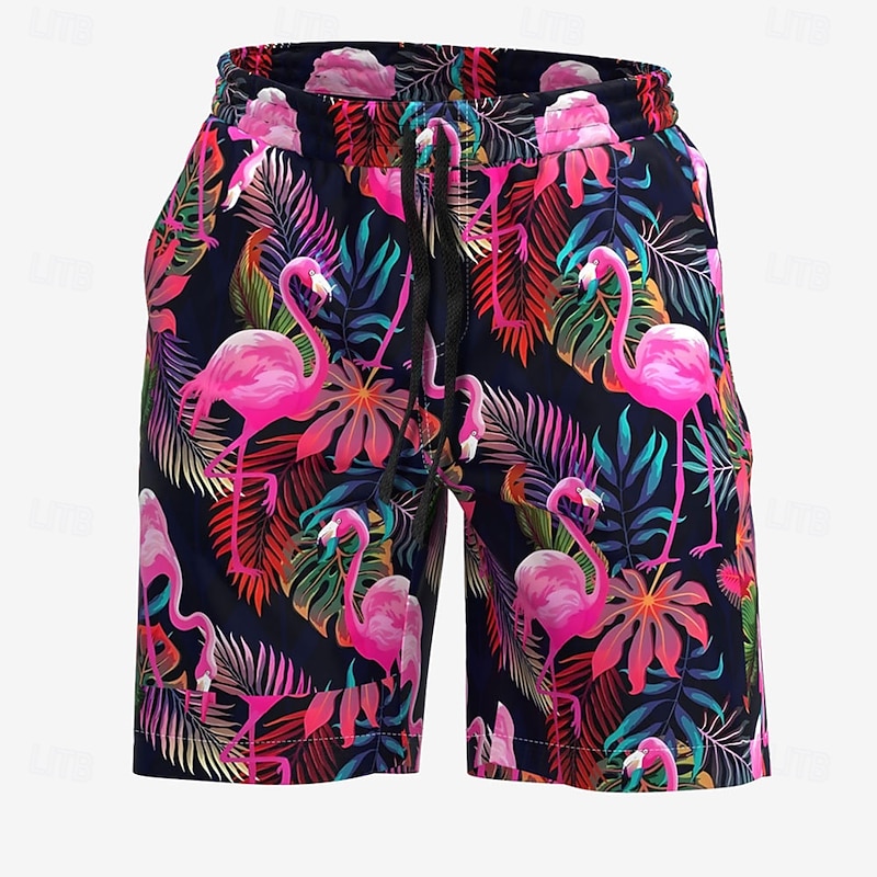 Men's Flamingo Tropical Plants Swim Trunks Swim Shorts Board Shorts Mid Waist Streetwear Hawaiian Casual Holiday Beach Vacation Wear Pocket Drawstring Elastic Waist Designer Clothing Apparel