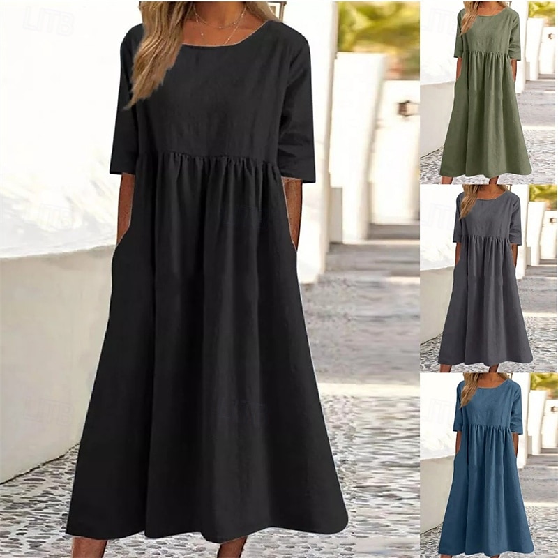 Women's Midi Dress Linen-Inspired Dresses Casual Dress Cotton Linen Dress A Line Dress Stylish Casual Vacation Daily Date Regular Fit Plain Short Sleeve Crew Neck Black Army Green Dark Gray Summer