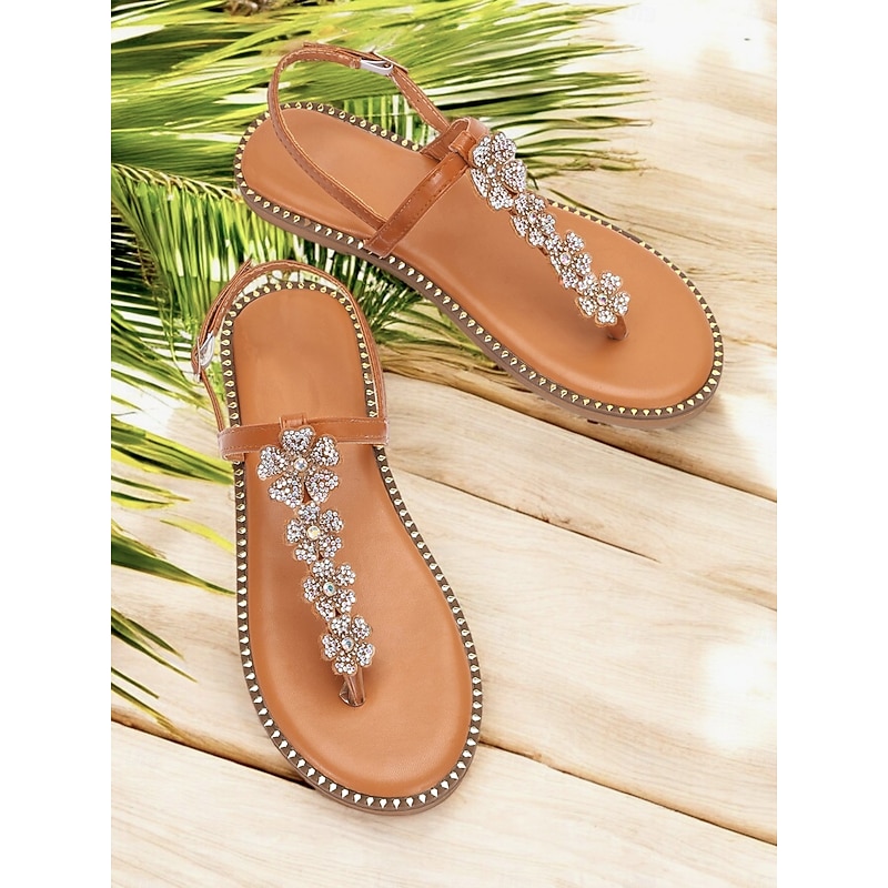 Women's Tan Rhinestone Flower Thong Sandals with Studded Edging – Elegant Flat Sandals for Summer, Beach, and Casual Occasions