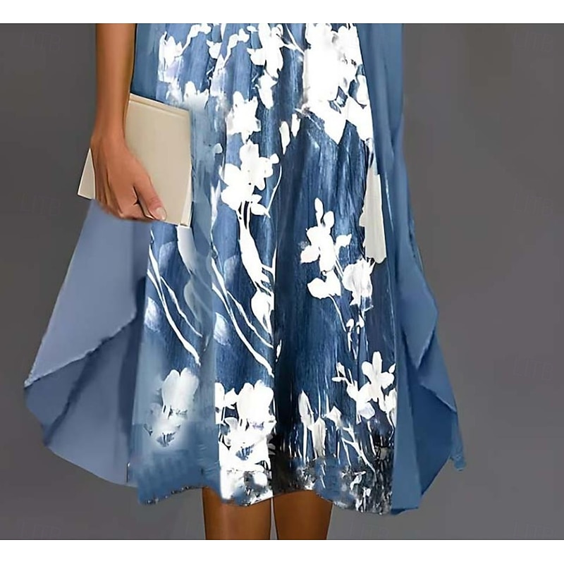 Women's Graduation Dress Midi Dress Chiffon Dress Shift Dress Elegant Party Formal Vacation Wedding Guest Loose Fit Floral Half Sleeve Crew Neck Blue Summer Spring Fall3