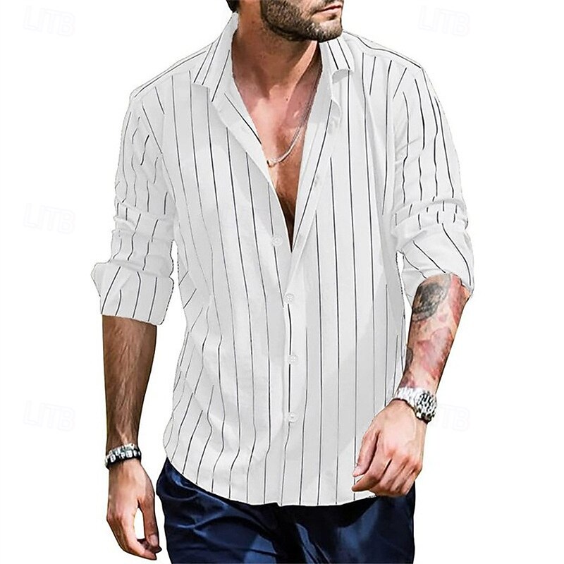 Men's Shirt Summer Shirt Casual Shirt Beach Shirt Button Up Shirt Black White Yellow Light Green Pink Long Sleeve Stripe Lapel Vacation Hawaiian Button-Down Clothing Apparel Polyester Fashion Casual4
