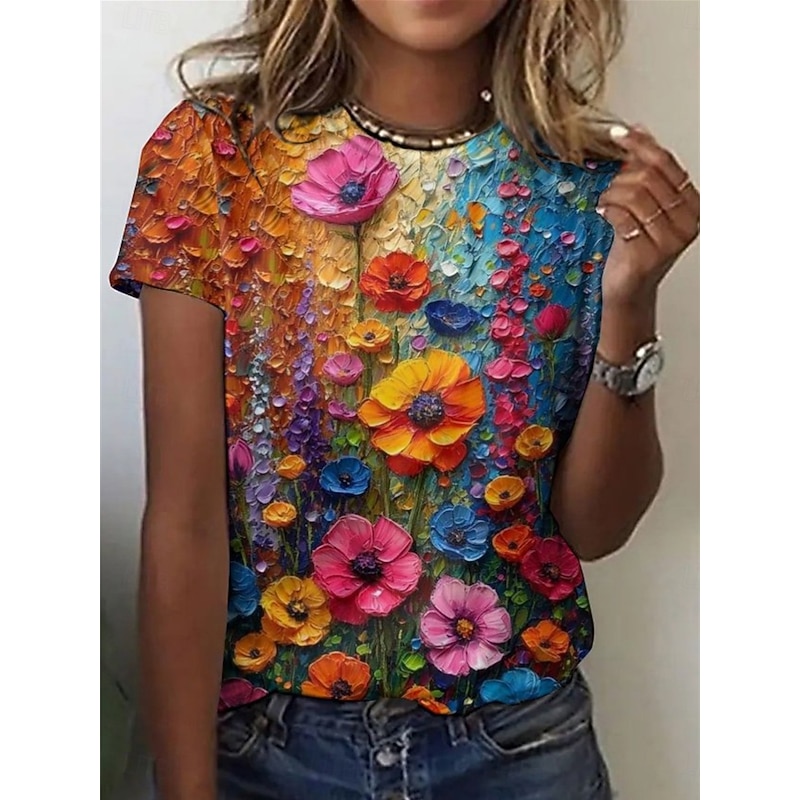 Women's T Shirt Floral Casual Short Sleeve Round Neck Regular Tops Daily Print Blue Green Summer4