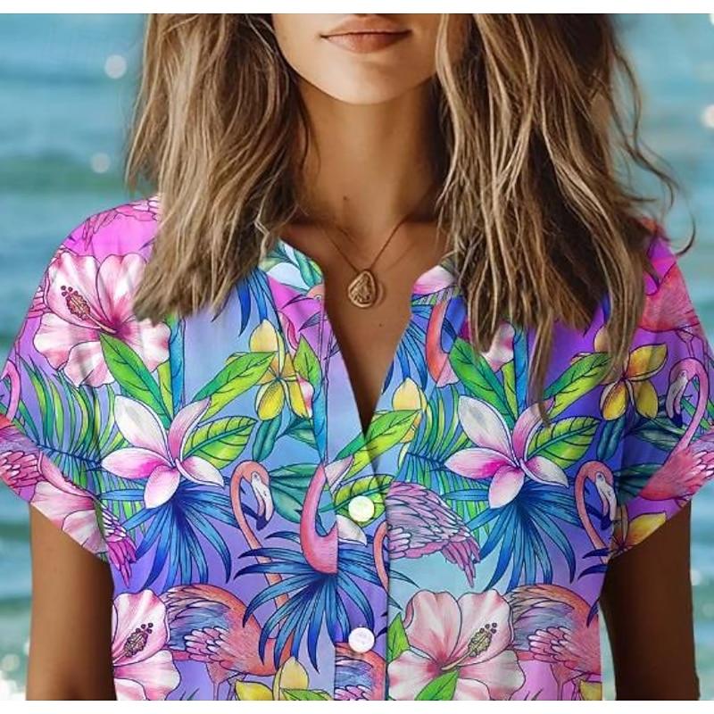Women's Shirt V Neck Button Down Blouse Floral Elegant Vintage Tropical Short Sleeve Shirt Collar Regular Tops Daily Buttons Print Purple Summer2