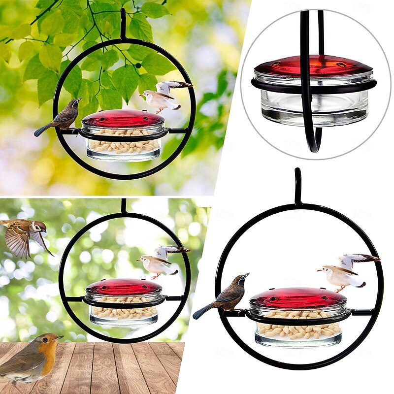 Hummble Slim Hummingbird Feeder Circular Hanging Hummingbird Feeder, Glass Bottle Humming Bird Feeder with Circular Metal Frame and Perch, Outdoor Hanging Humming Bird Feeder
