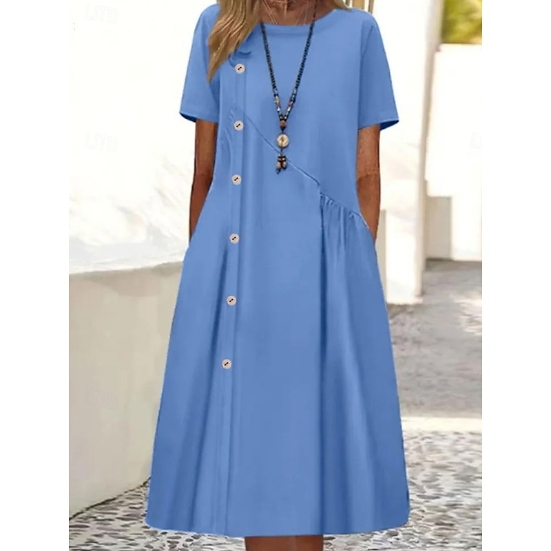 Women's Midi Dress Cotton Linen Dresses Casual Dress Basic Casual Vacation Daily Regular Fit Plain Short Sleeve Crew Neck Wine Blue Brown Summer