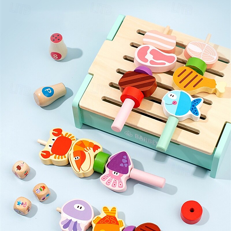 Wooden BBQ Set Colorful Playset with Food Pieces  Realistic Role-Play & Imaginative Fun for Ages 3 Years and Up3