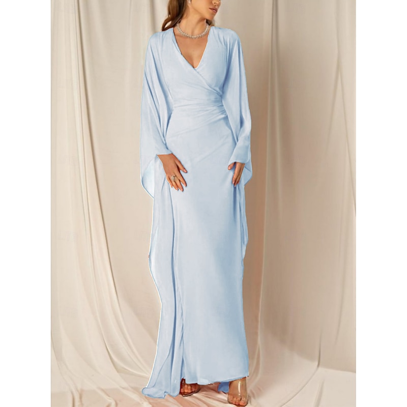 Beach Wedding Sheath Evening Gown Elegant Dress Formal Fall Ankle Length Long Sleeve V Neck Chiffon with Ruched Ruffles4