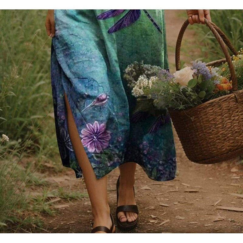 Women's Maxi Dress Casual Dress A Line Dress Bohemia Vacation Vintage Vacation Daily Regular Fit Floral Short Sleeve V Neck Yellow Light Green Orange Green Summer Spring3