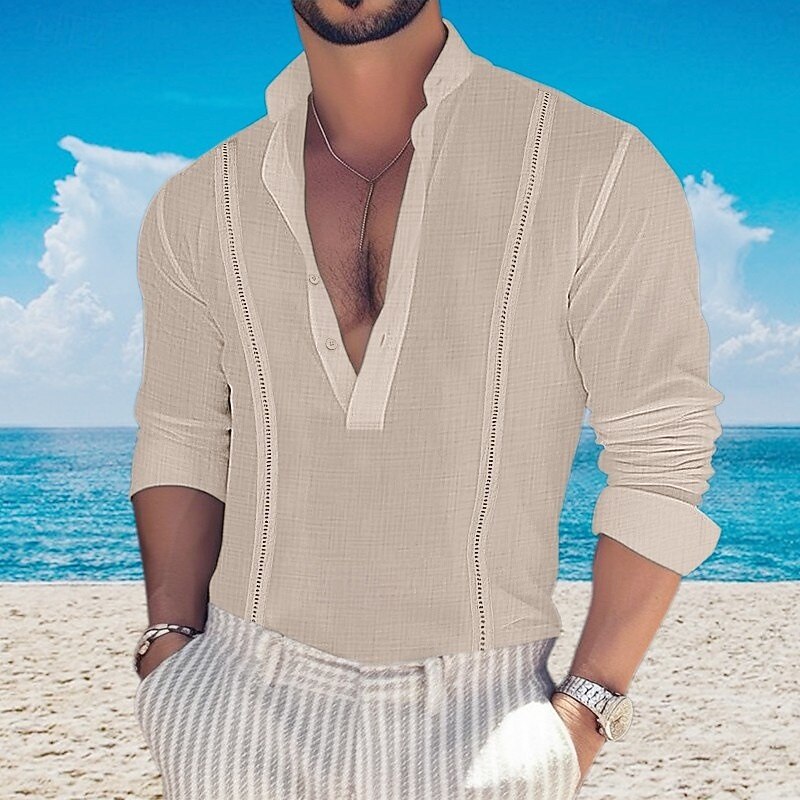 Men's Shirt Popover Shirt Summer Shirt Casual Shirt Beach Shirt Black White Pink Green khaki Long Sleeve Plain Band Collar Vacation Hawaiian Button-Down Clothing Apparel Fashion Casual Comfortable3