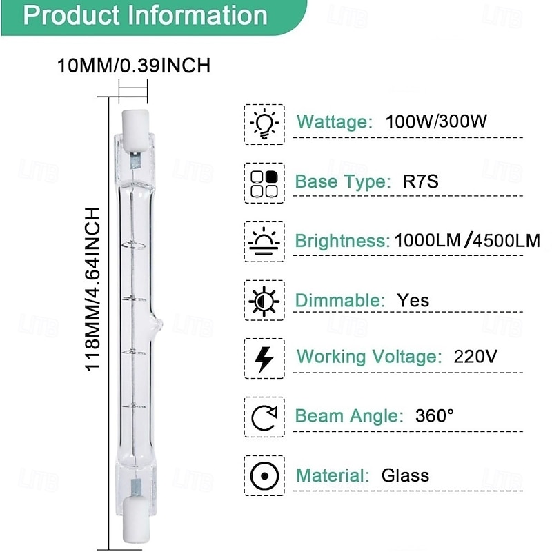 R7S 118mm Halogen Bulbs – 100W/300W Dimmable T3 Double Ended J-Type Bulbs for Work, Security and Landscape Lights 4PCS2