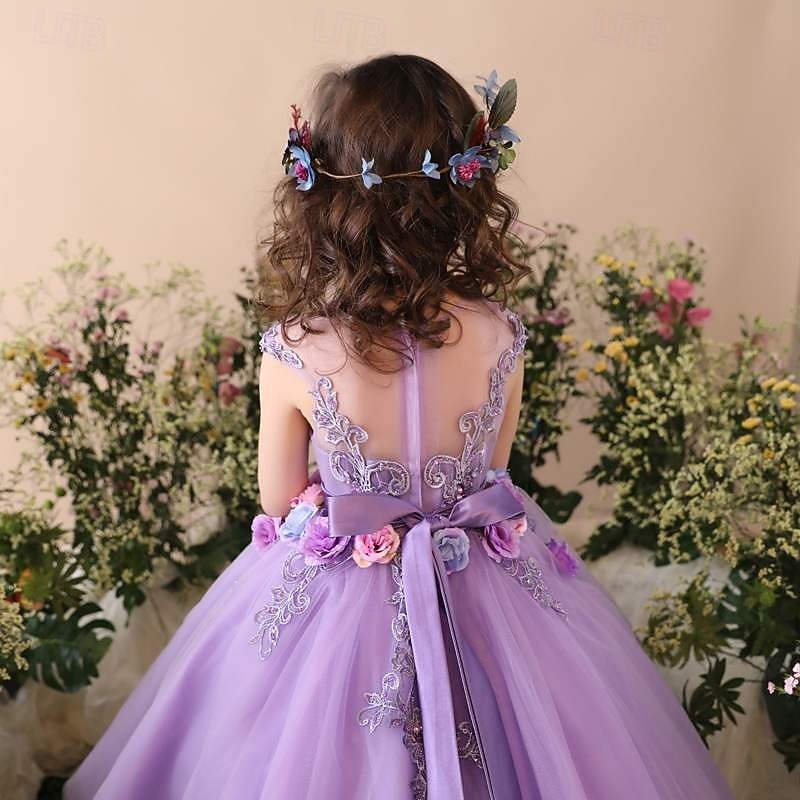 Flower Girl Dress Kid's Girls' Princess Dress Performance Wedding Party Elegant Beautiful Mesh Solid Color Sleeveless Crew Neck Purple 4 years+4