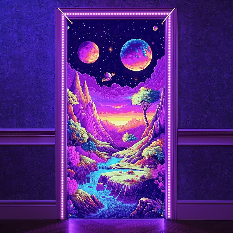 Blacklight Door Decorations Door Covers Glow in the Dark Landscape Waterfall Door Tapestry Door Curtain Decoration Backdrop Indoor/Outdoor Door Banner for Front Door Farmhouse2