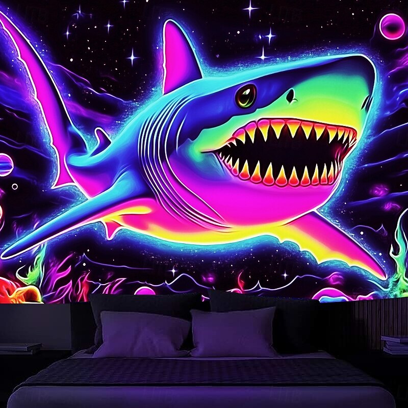Blacklight Tapestry Glow in the Dark Glow Party UV Reactive Animal Shark Trippy Misty Nature Landscape Hanging Tapestry Wall Art Mural for Living Room Bedroom