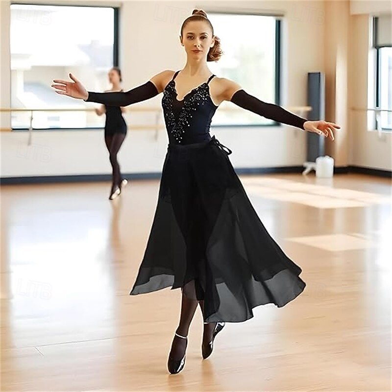 Women's Ballet Wrap Dress Chiffon Dance Wrap Skirt with Adjustable Waist Tie Gymnastics and Ballet Dance Skirts for Women Black Dancewear2