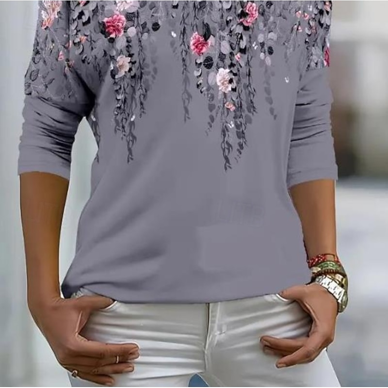 Women's T shirt Crew Neck Long Sleeve Tunic Leopard Striped Casual  Regular Tops Daily Print Light Grey Spring Fall3